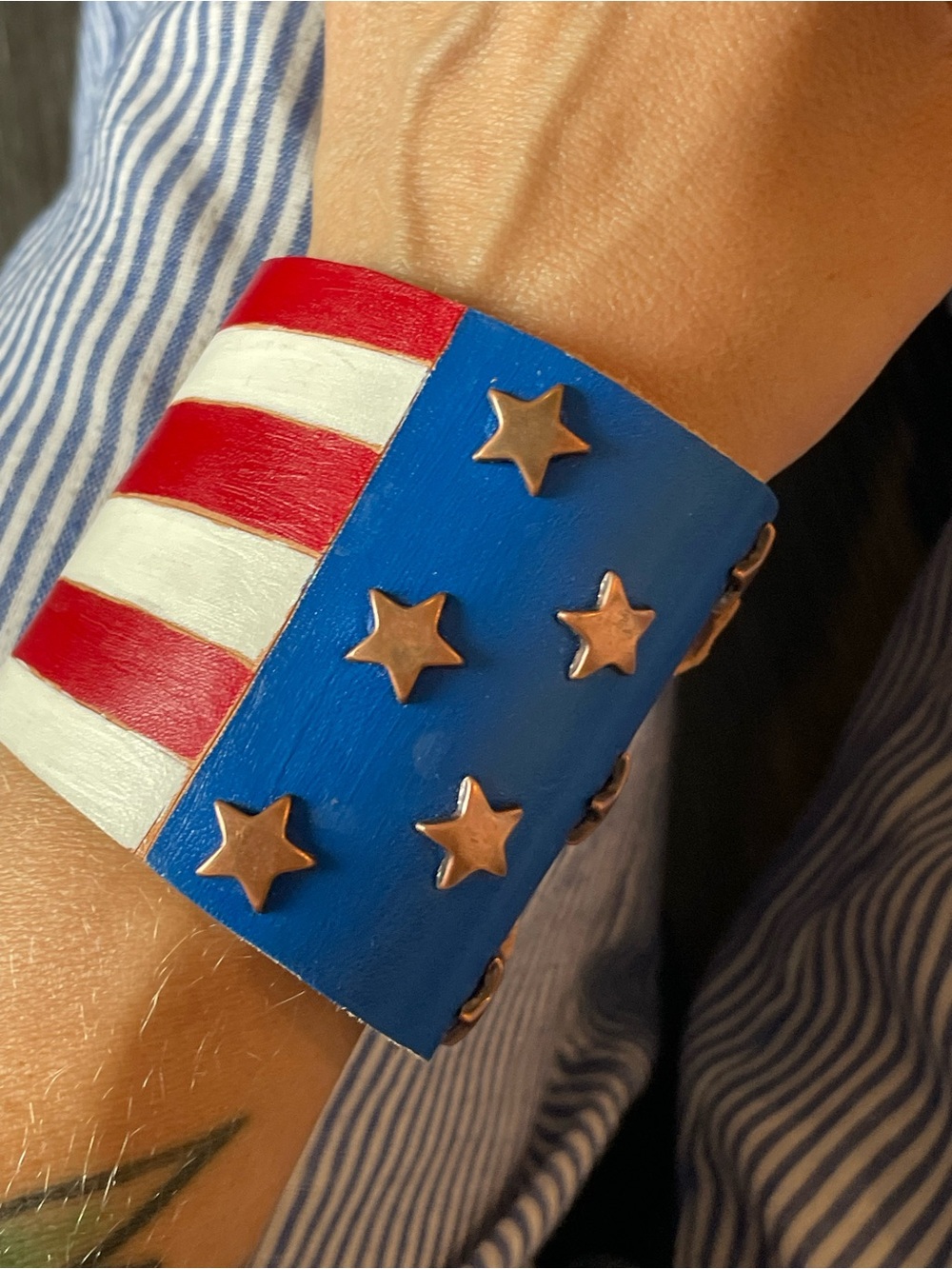 Hand-Painted Red, White & Blue Star Leather Cuff Bracelet